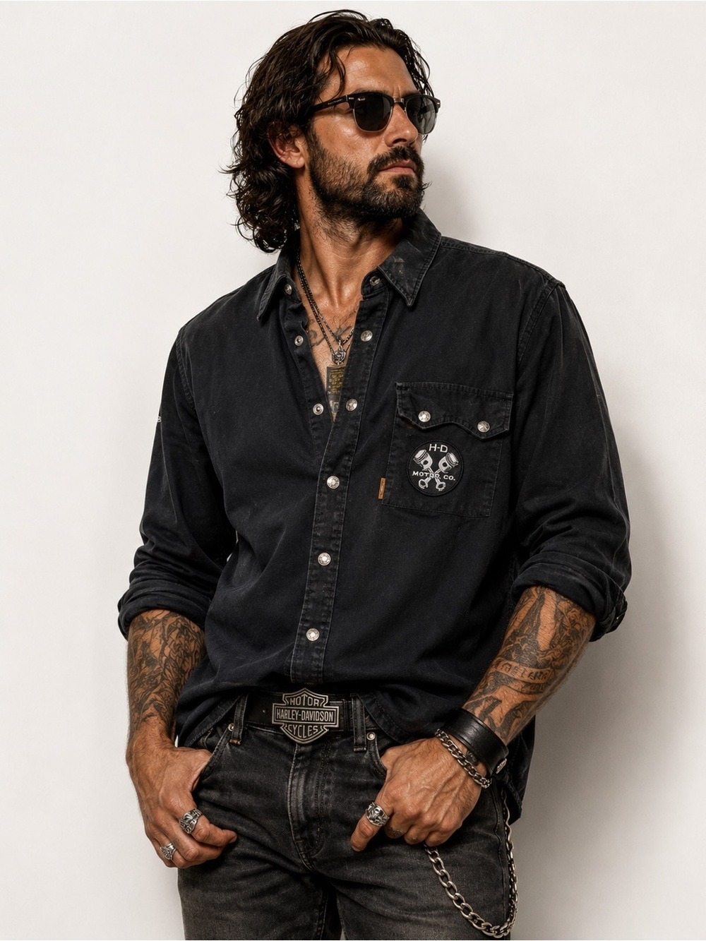 Harley-Davidson 96186-04VM Work Shirt Black Snap Button L Y2K Cotton